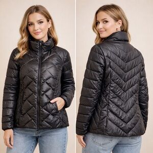 London Fog Packable Down Jacket Black Quilted Chevron Medium
